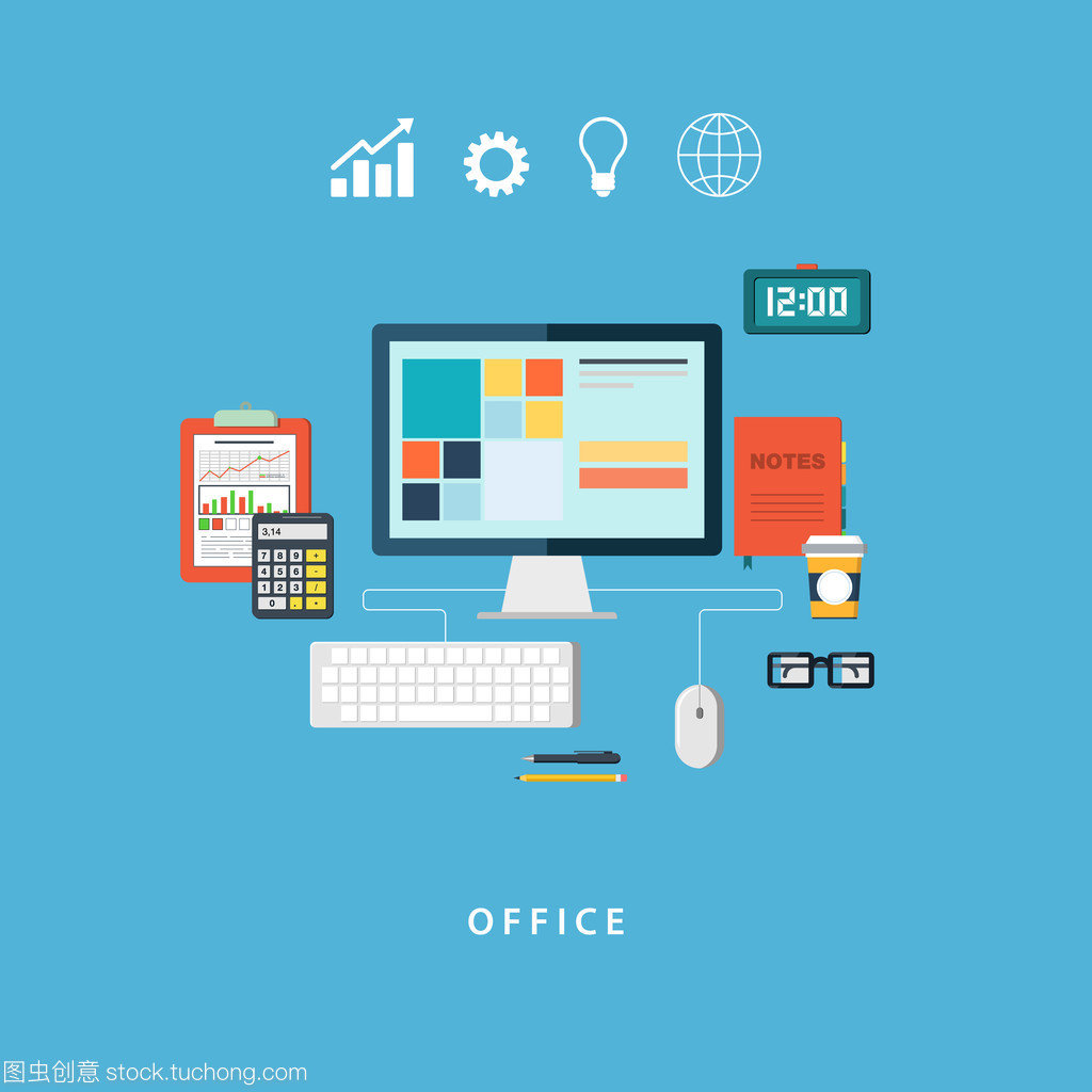 平面设计矢量图业务工作流与元素、办公设备及网络技术融合应用